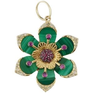 New 14K Yellow Gold Malachite Diamond Ruby Pink Sapphire Flower Pendant or Charm